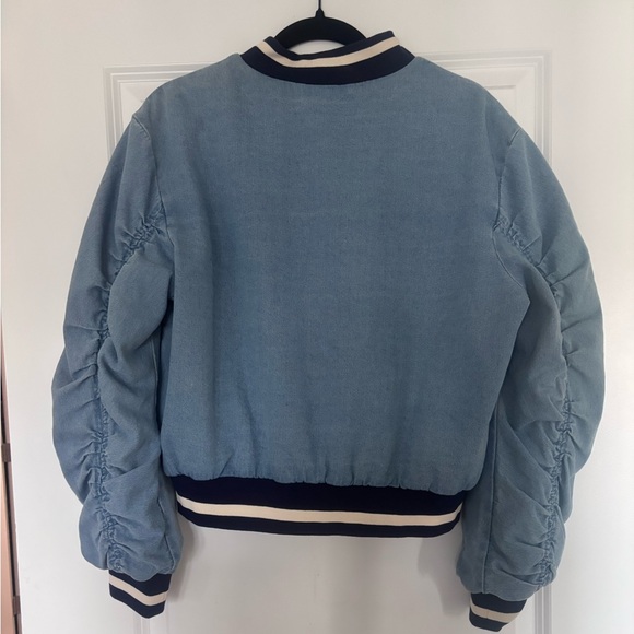 Anthropologie Dolan Ruched-Sleeve Denim Varsity Bomber Jacket - Picture 5 of 6